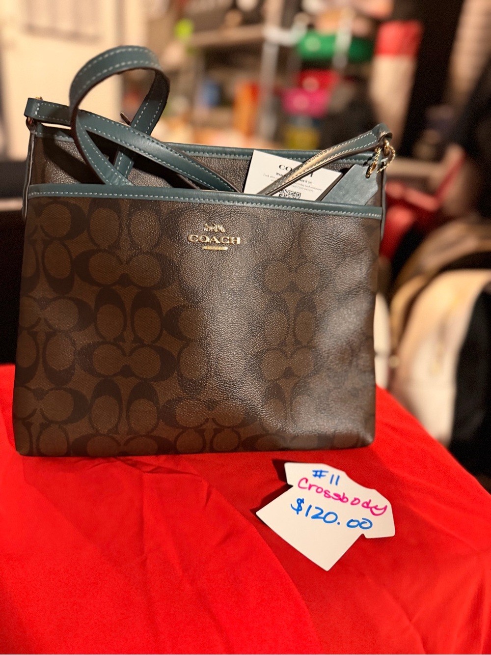 Coach Brown Signature Crossbody with Teal Trim
